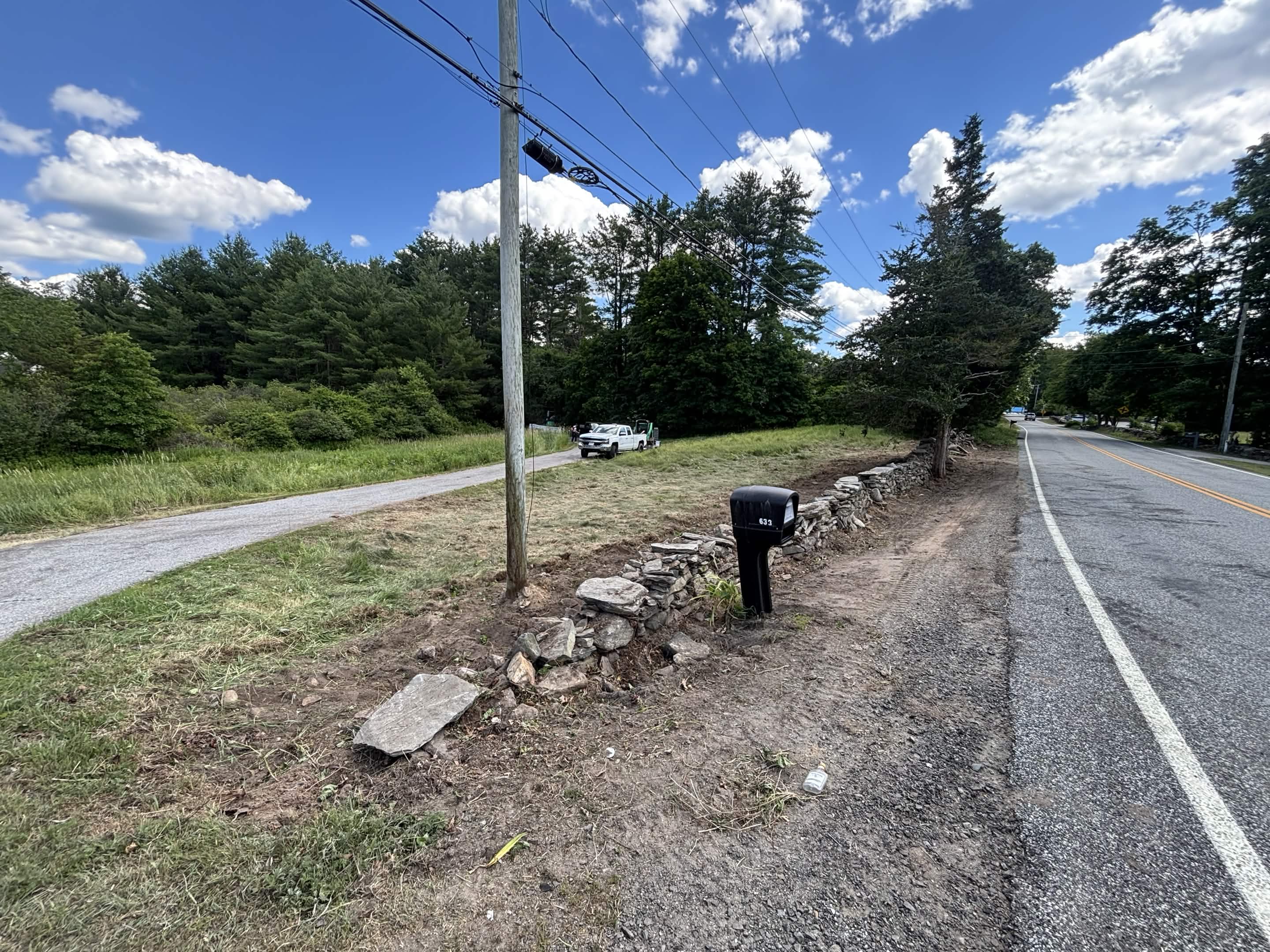 Stone wall visible and clean after poison ivy removed